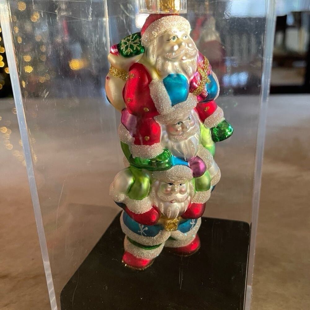 Vintage handcrafted blown glass triple Santa’s ornament new in box 2004